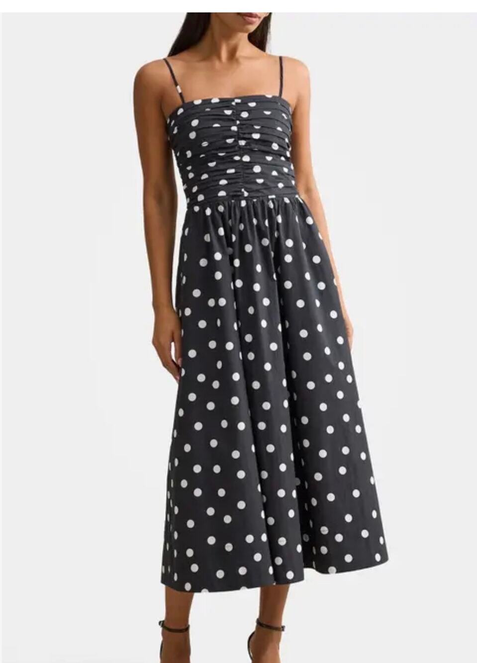 Black & white polka dot dress, ruched, smocked bodice and an A-line. XL.